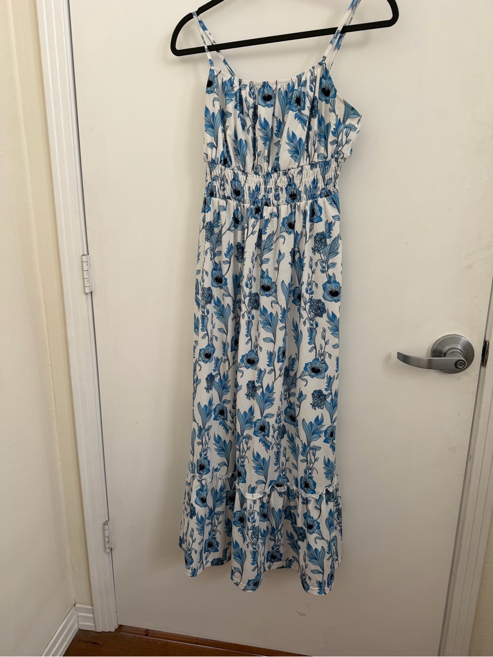 Blue Floral Smocked Maxi Dress with Spaghetti Straps